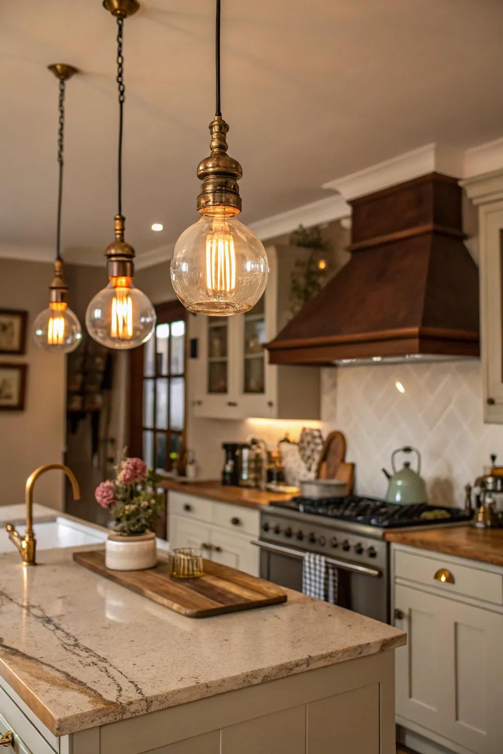 Elevate your kitchen with pendant lighting that adds vintage allure and modern functionality.