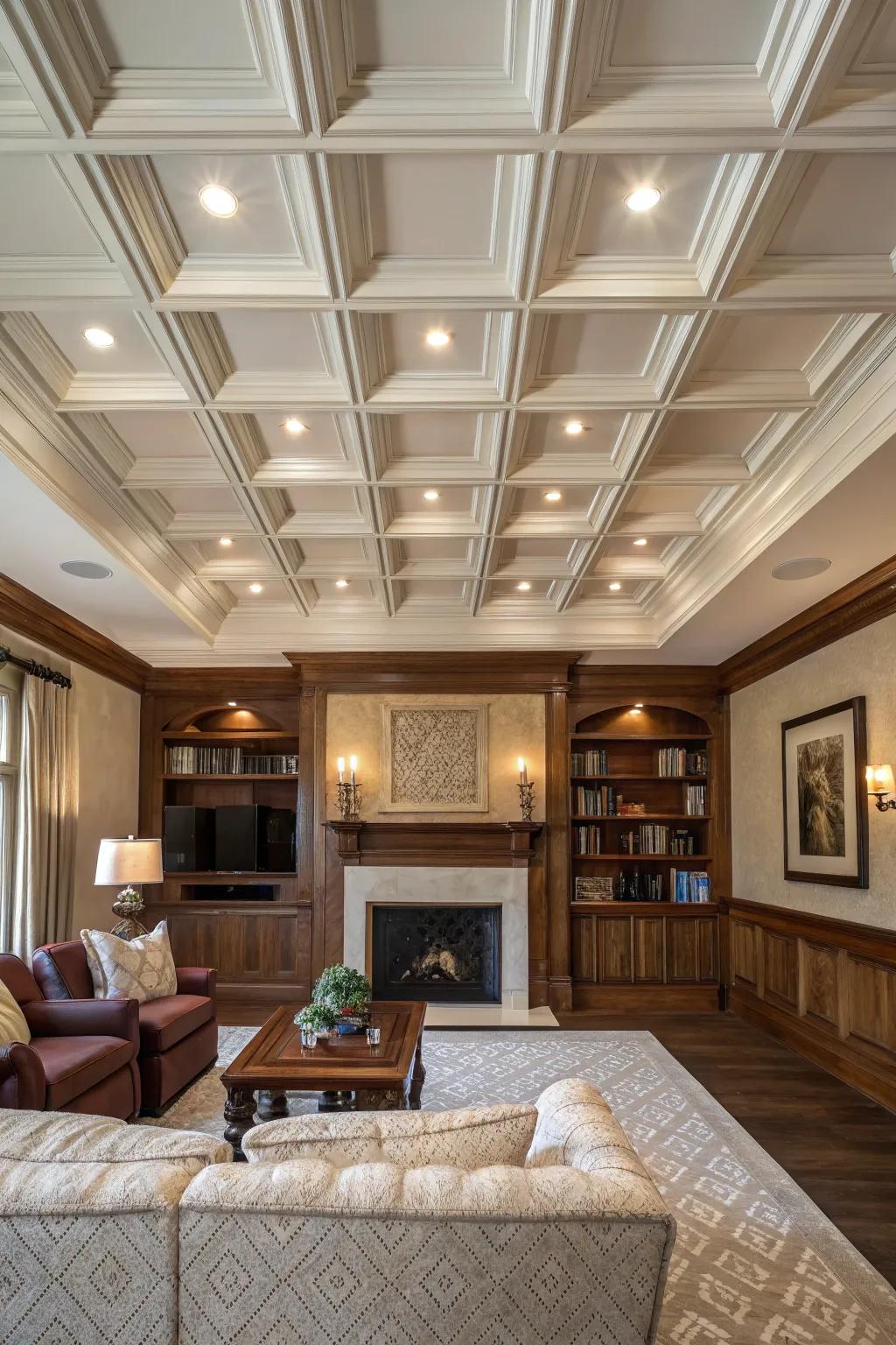 Coffered ceilings add depth and elegance to your living space, creating a timeless look.