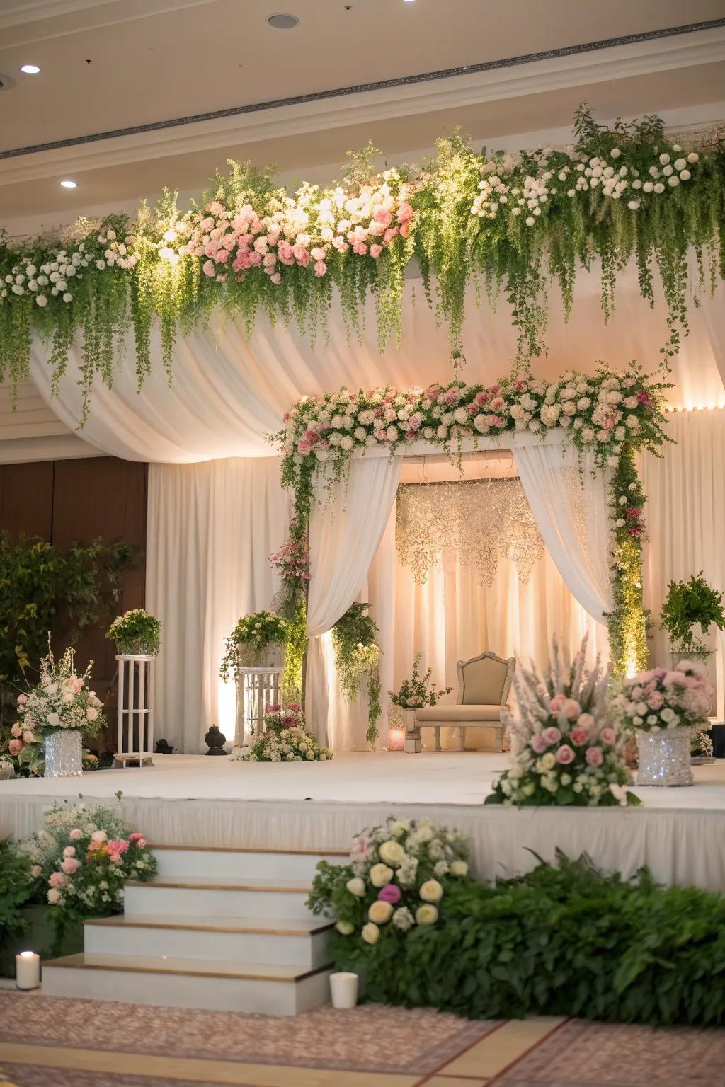 A floral fantasy comes to life with a stunning wedding stage adorned with lush blooms and elegant seating.