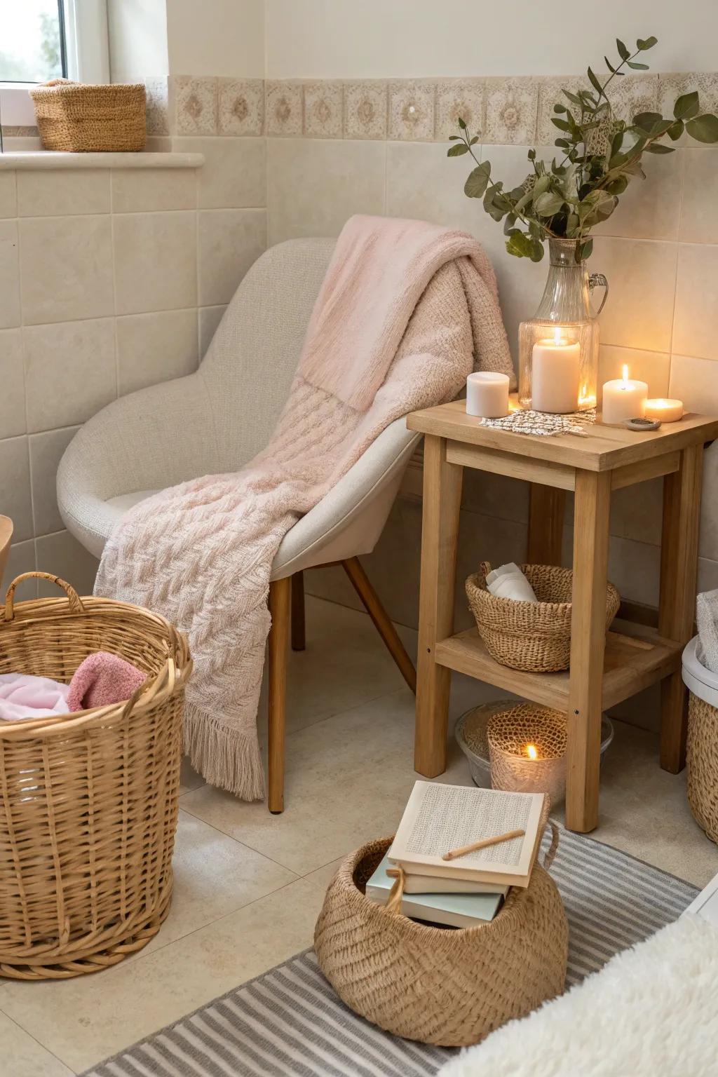 Add a personal relaxation nook with a comfy chair and soft lighting for an inviting escape.