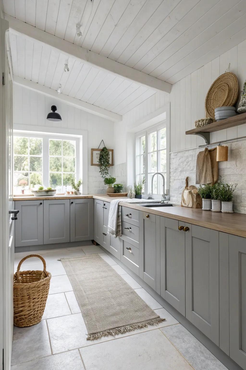 Brighten up your kitchen with the timeless contrast of gray cabinets and white walls for a clean, expansive feel.