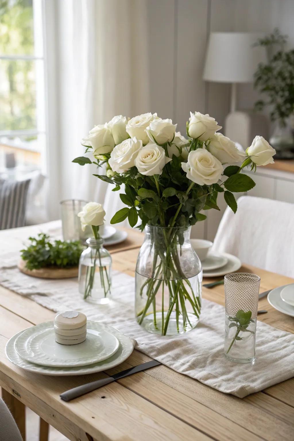 Simple elegance: White roses in glass vases transform any dining table into a serene escape.