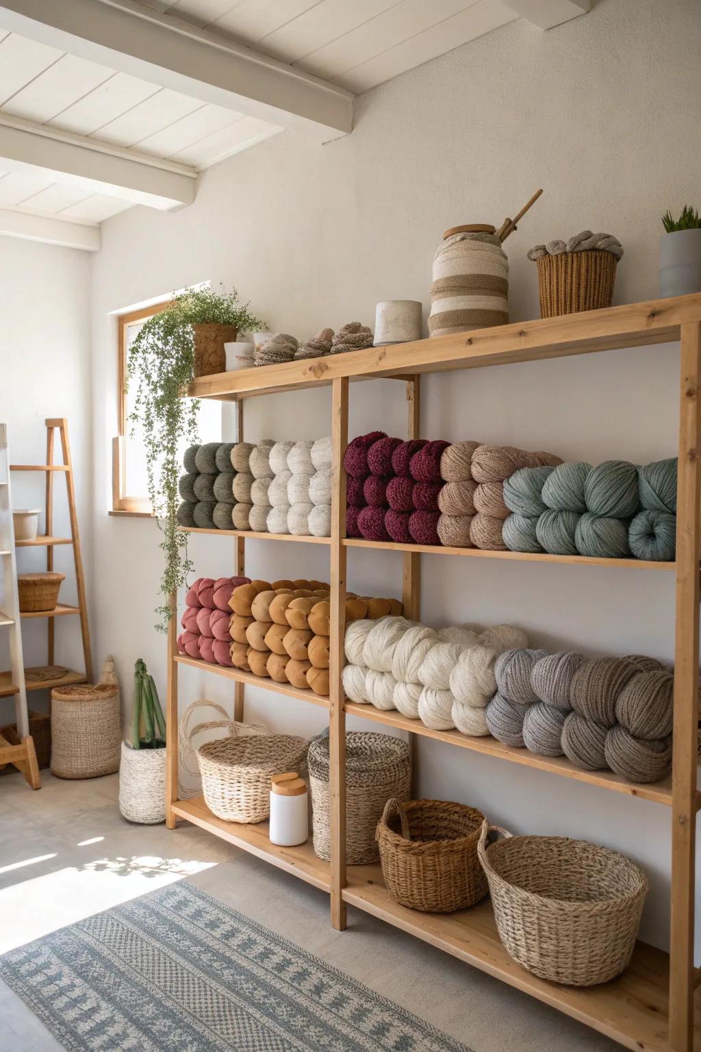 Embrace the beauty of open shelving to turn your yarn stash into a vibrant display.