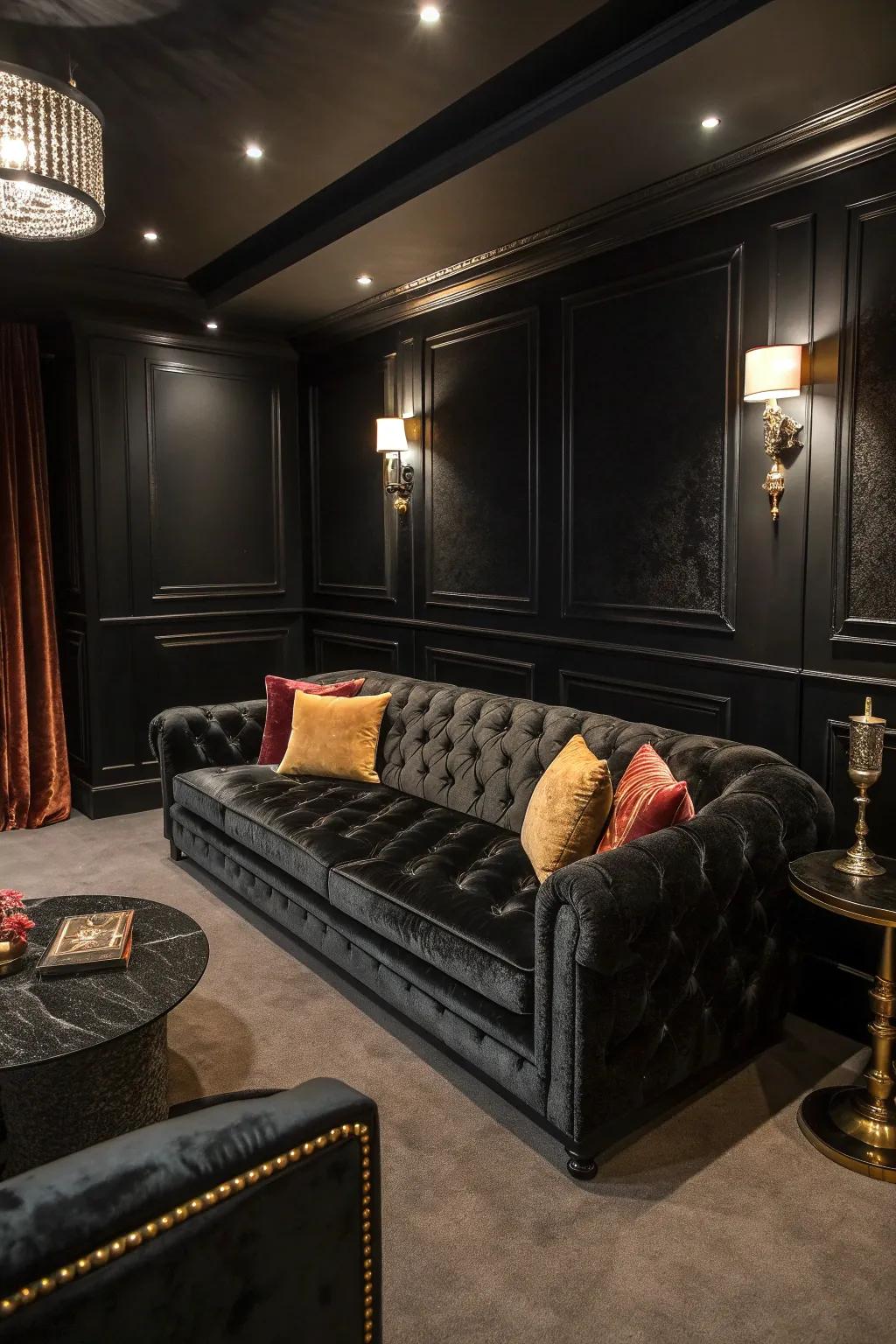 Velvet adds luxurious comfort and warmth to this all-black room, making it feel like a plush retreat. 🖤 #VelvetLuxe #CozySpaces