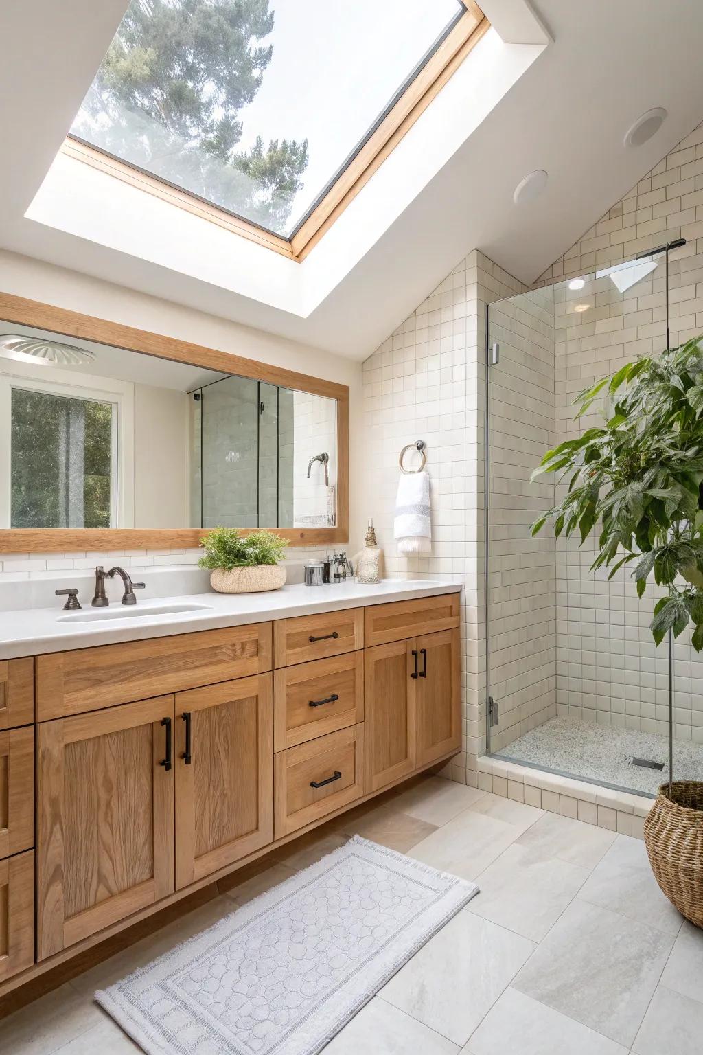 A skylight brightens the bathroom, enhancing the warm tones of oak cabinets and creating an airy space.