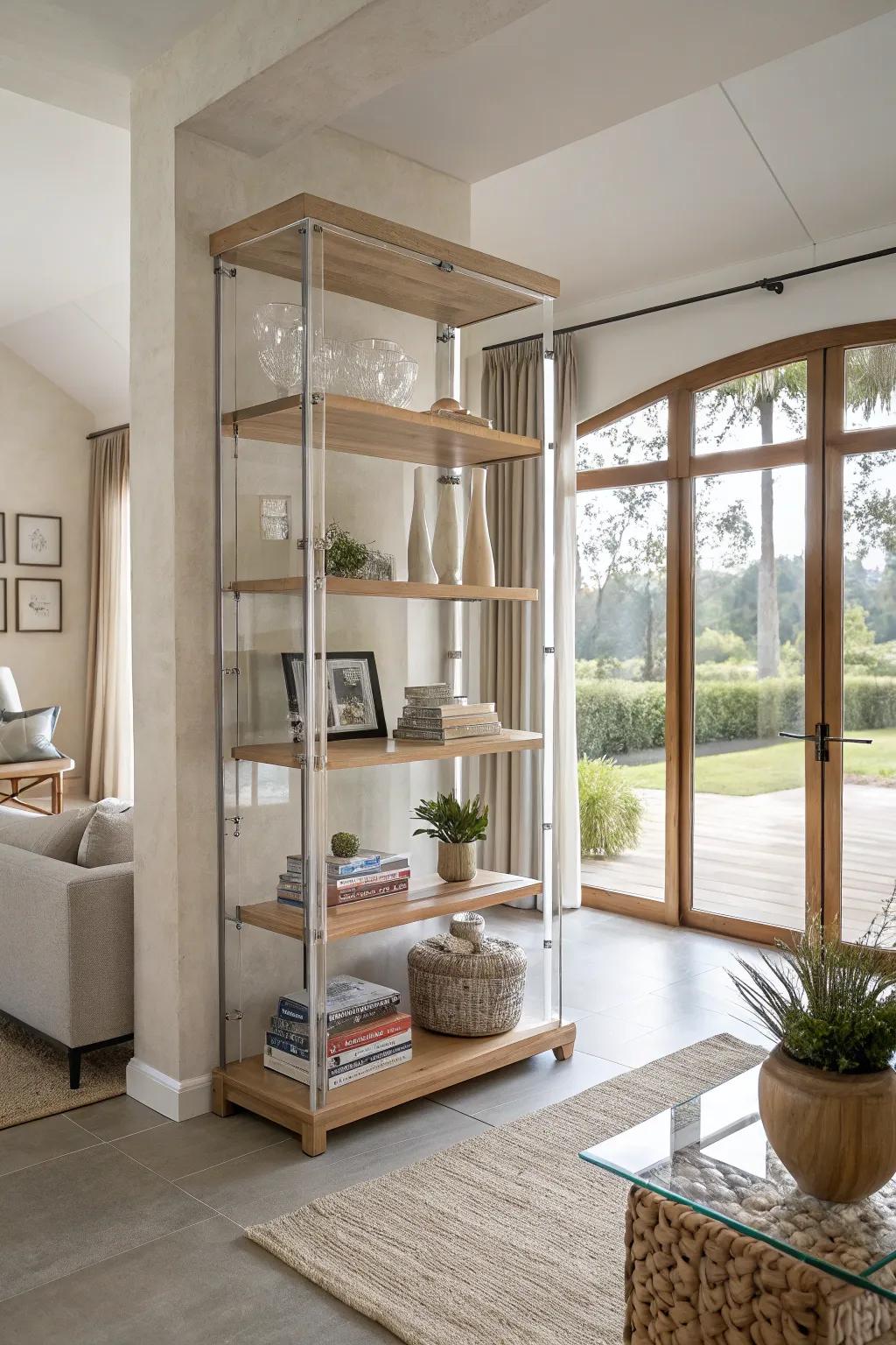 Clear acrylic panels offer a modern, airy solution for bookshelf coverage.
