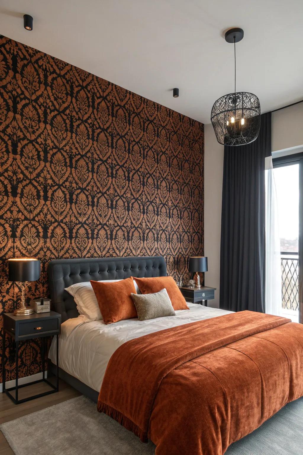 Bold wallpaper adds character and drama, transforming your bedroom instantly.