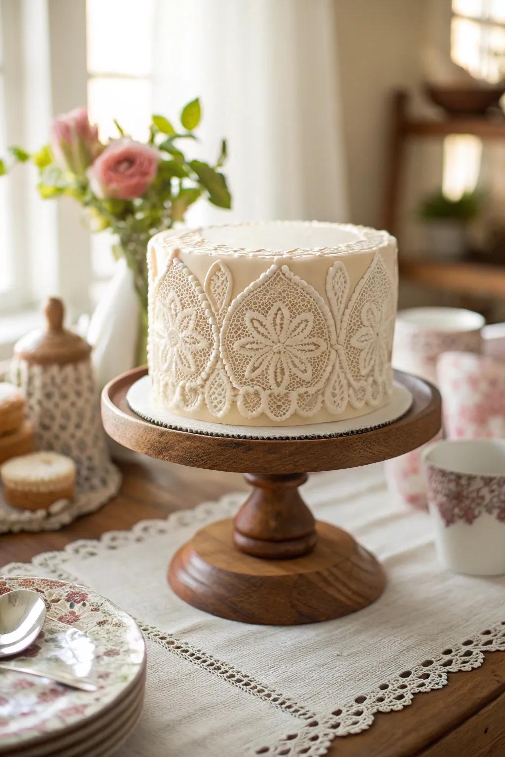 Add a touch of vintage elegance with edible lace that transforms your cake into a romantic masterpiece. #VintageCake #LaceDecor