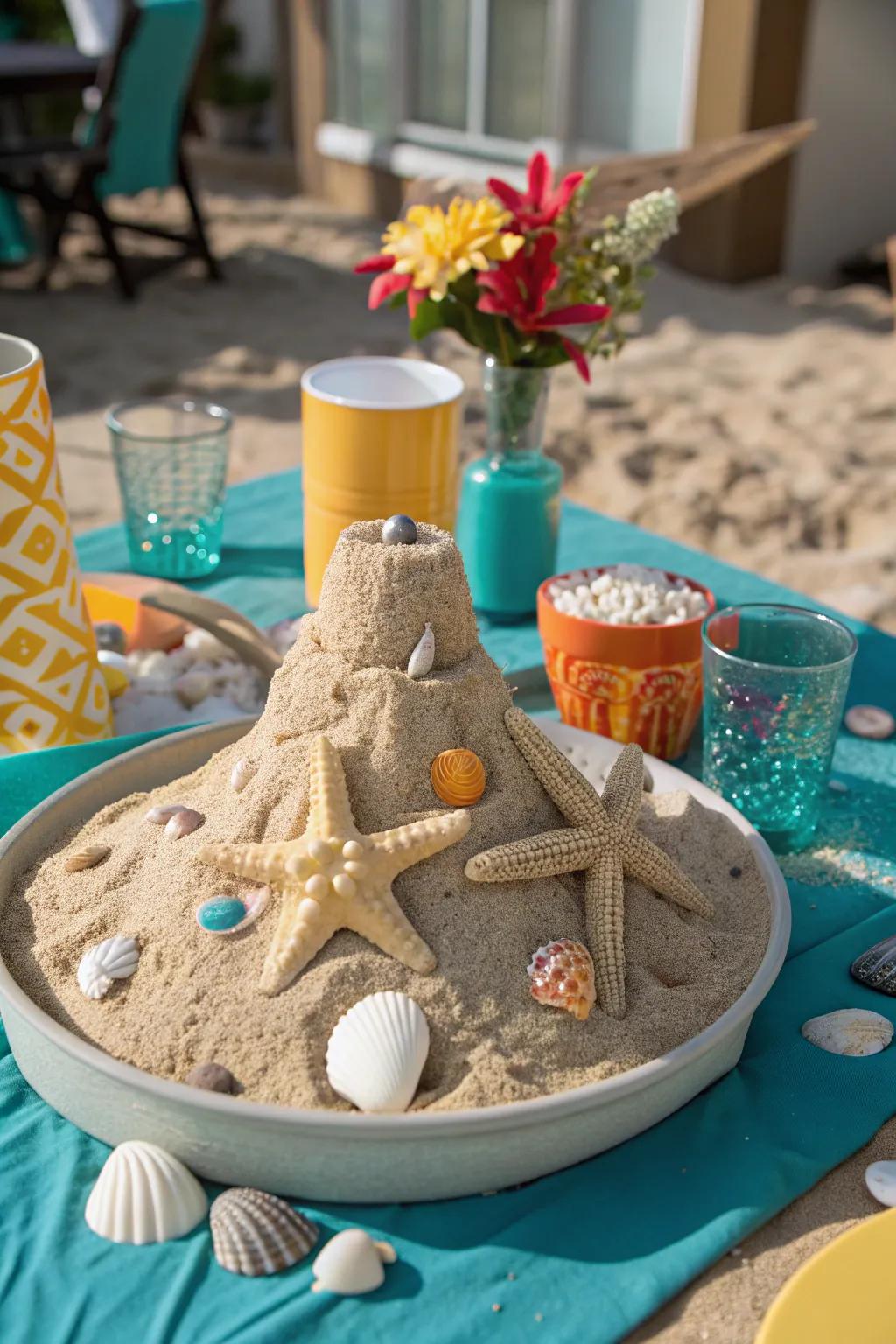 Bring the beach to your table with miniature sand dunes and seashells for a whimsical touch.
