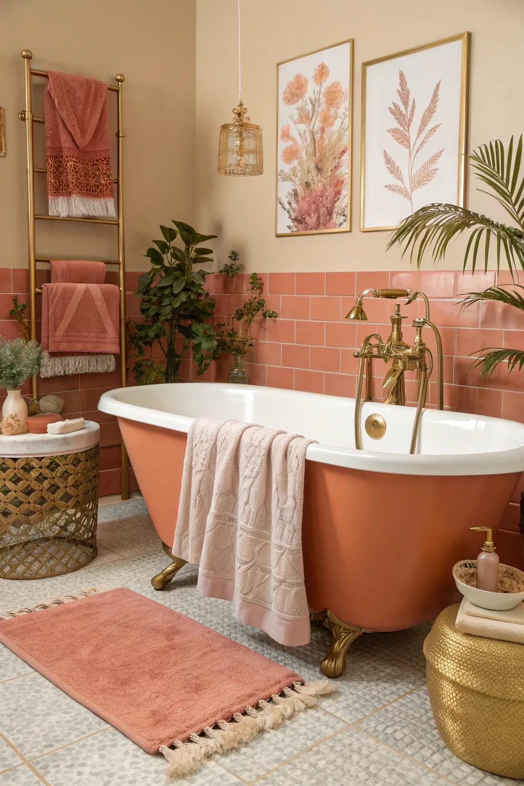 An eclectic mix of textures and coral tones makes your bathroom uniquely yours.