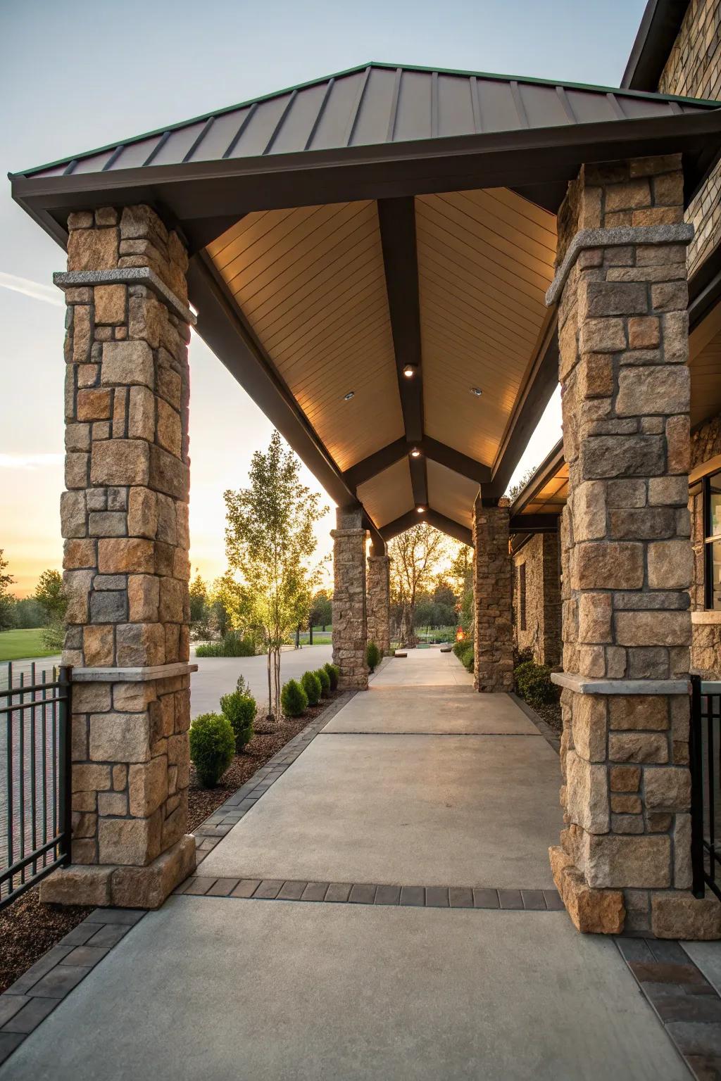 Create a standout driveway with the enduring charm of stone pillars and a canvas roof.