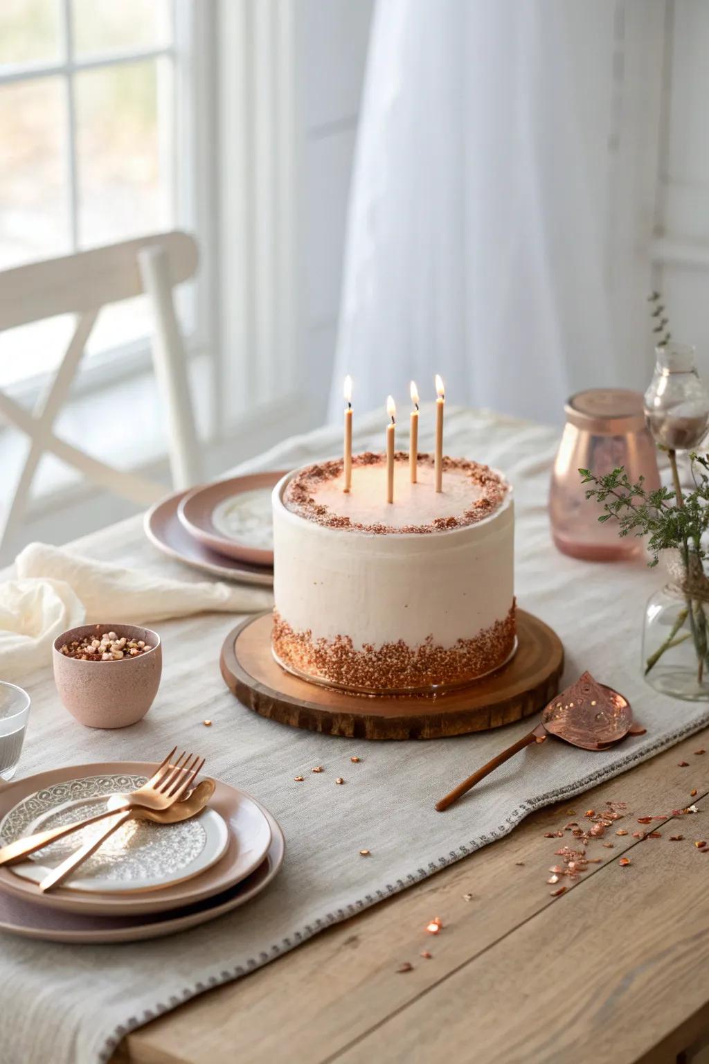Simplicity meets style with a minimalist rose gold cake that's effortlessly elegant.