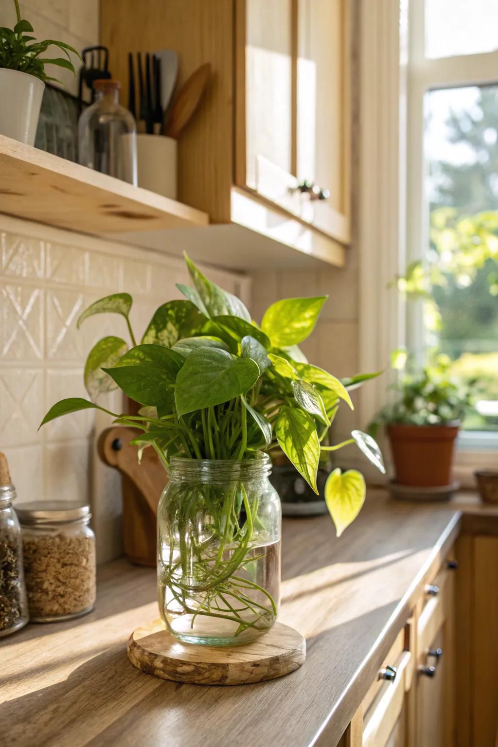 Create a lush kitchen corner with pothos and herbs for a fresh, green vibe. 🌿🍃 #KitchenGardening #HerbGarden