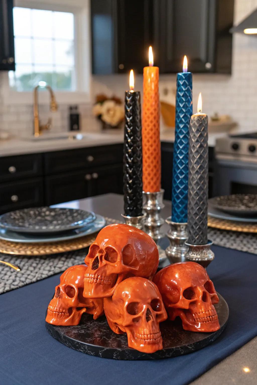A dramatic Halloween centerpiece with skulls and candles sets a chilling scene.