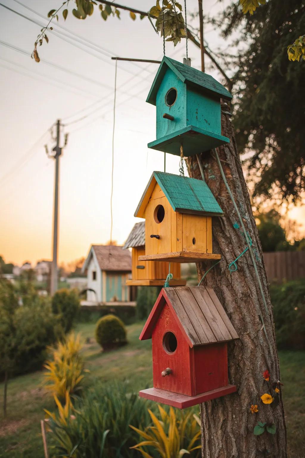 Invite nature and color into your garden with charming hanging birdhouses. 🐦 #BirdhouseDecor #GardenCharm