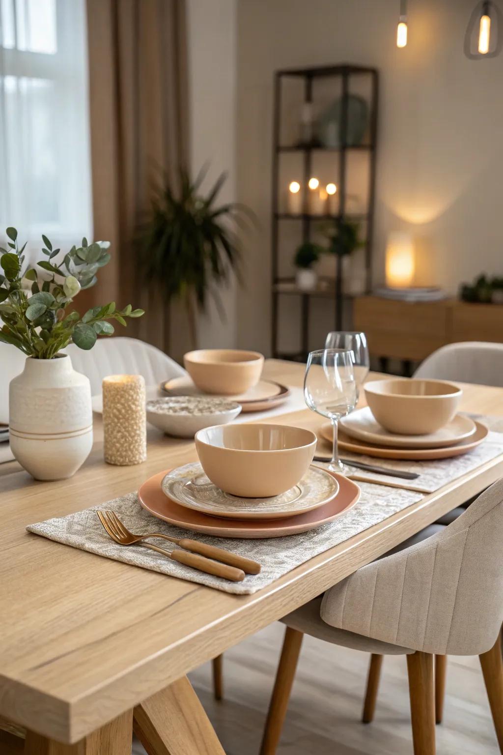 Streamlined tableware enhances the minimalist dining experience.