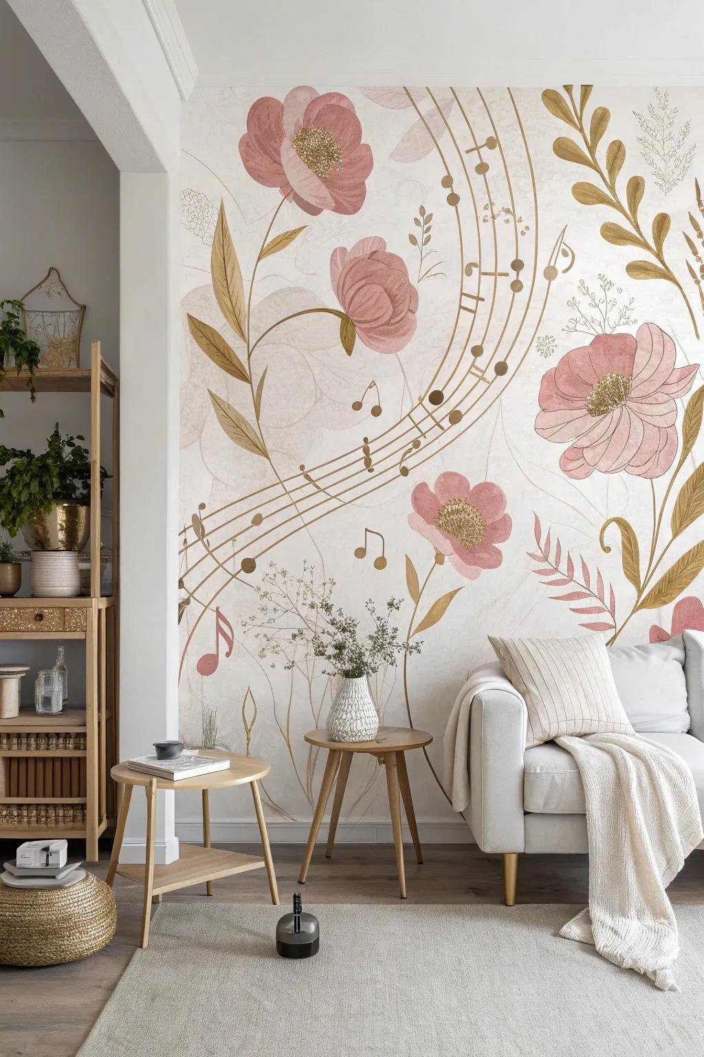 Let nature and music intertwine with a floral and musical fusion mural that blooms with creativity.