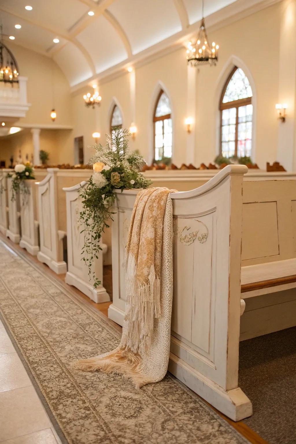 Embrace calm and balance with neutral-toned pews.