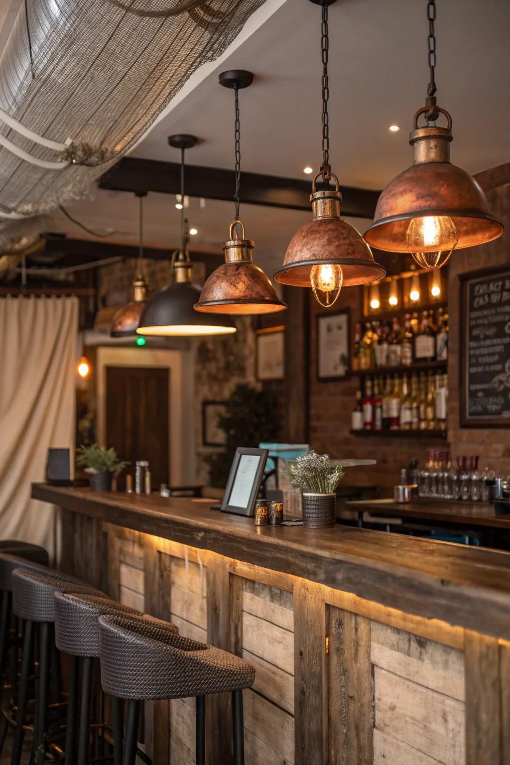 Reclaimed metal pendants blend industrial charm with rustic style.