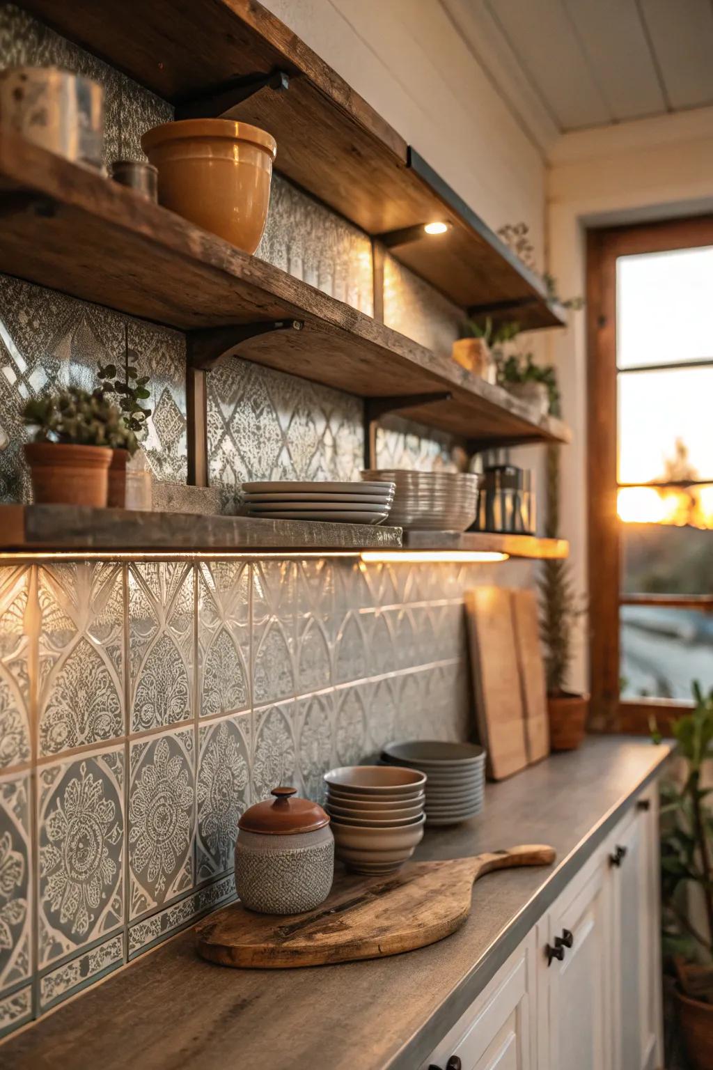 Create depth with <strong>layered textures</strong>, making your kitchen feel rich and inviting.” loading=”lazy” class=”pimg”>
	</picture><figcaption>Create depth with <strong>layered textures</strong>, making your kitchen feel rich and inviting.</figcaption></figure>
<p>Layer different textures with your tin backsplash to enhance depth and interest. This approach can make even the simplest kitchens feel rich and textured.</p>
<h3>Explore these options:</h3>
<ul class=