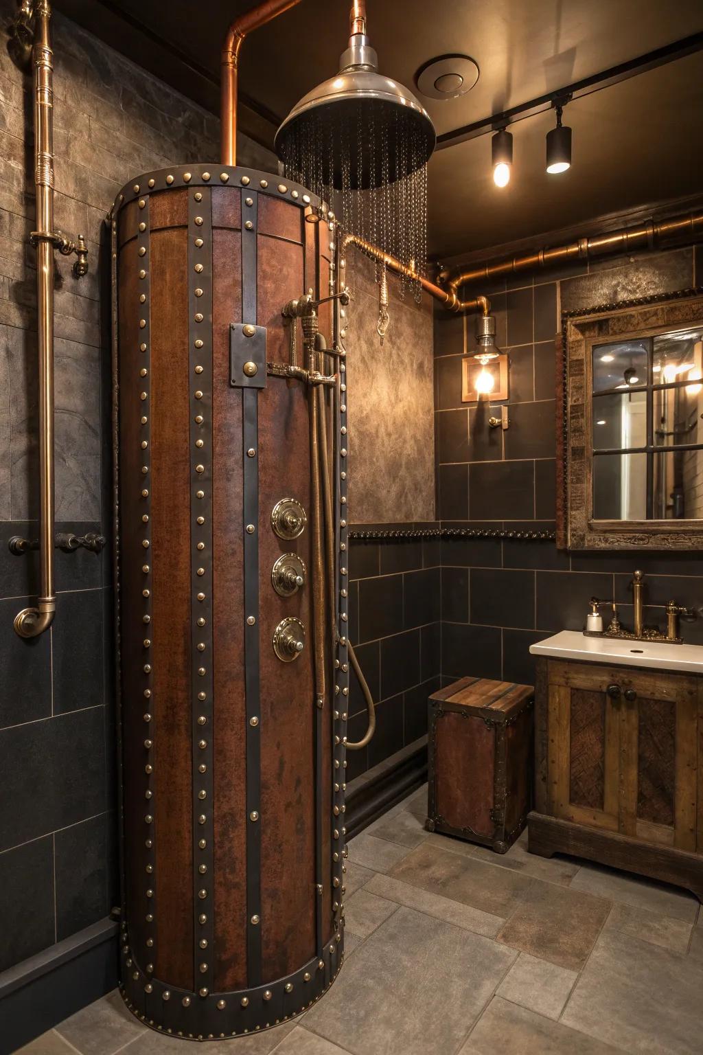 Feel the textures of leather and metal that add depth to your steampunk shower.