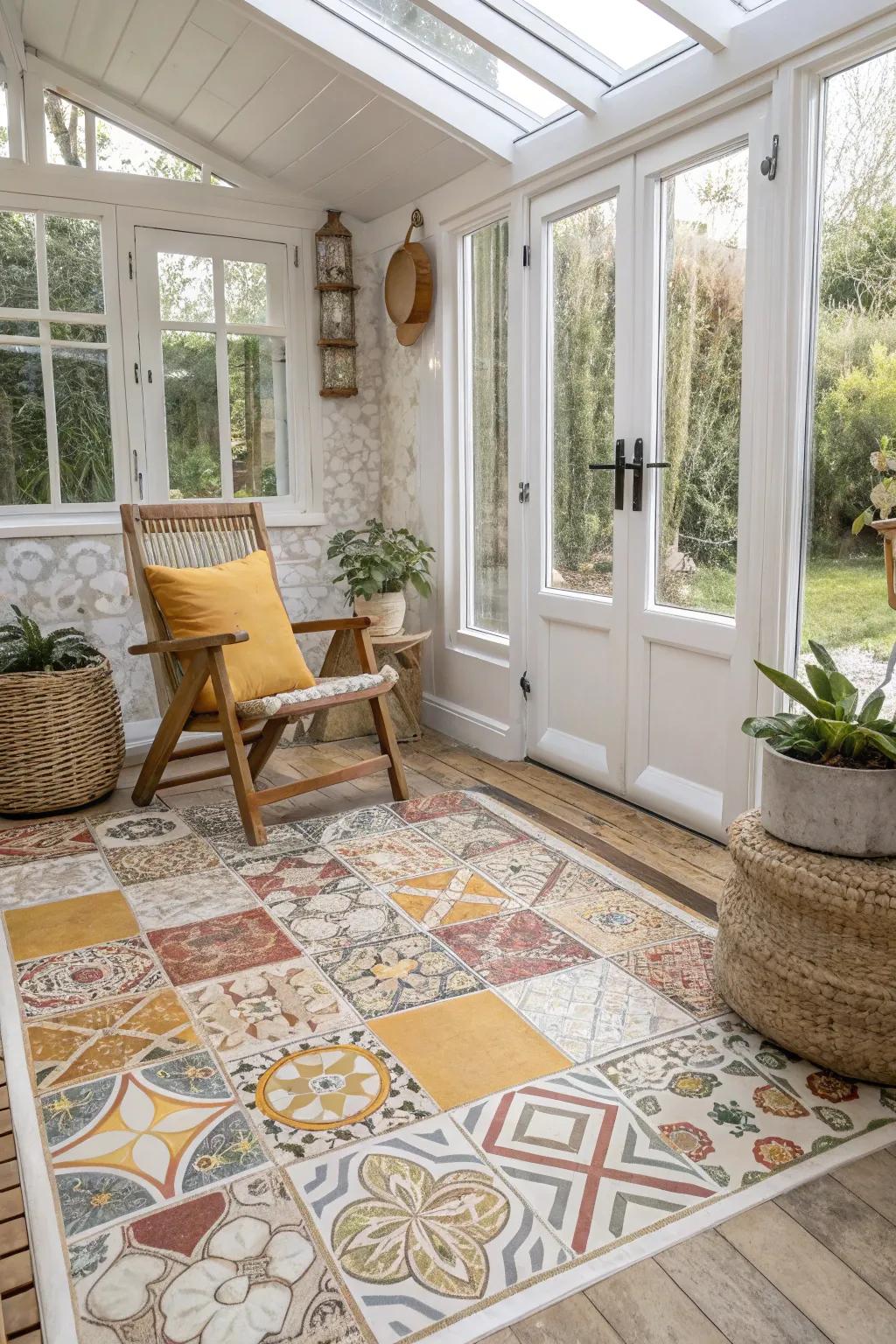 Patchwork tiles bring eclectic charm and bohemian flair to a personalized sunroom.