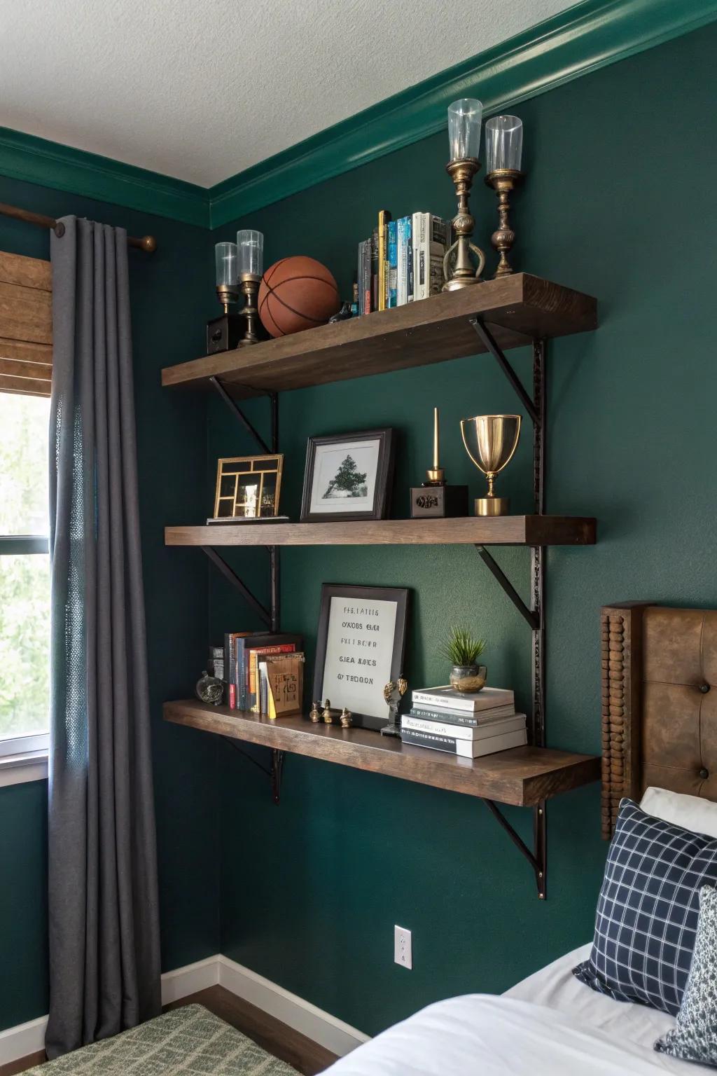 Floating shelves offer stylish storage, keeping floors clear and adding visual interest.