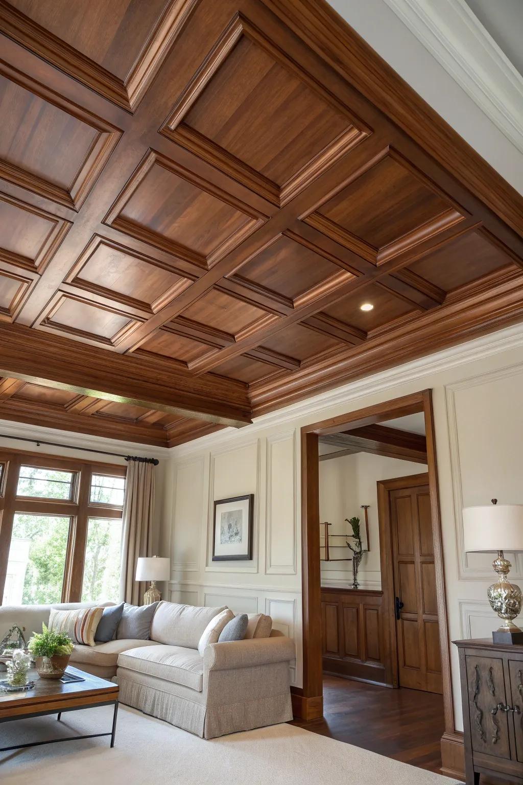 Exude luxury and elegance with mahogany wainscoting ceilings.