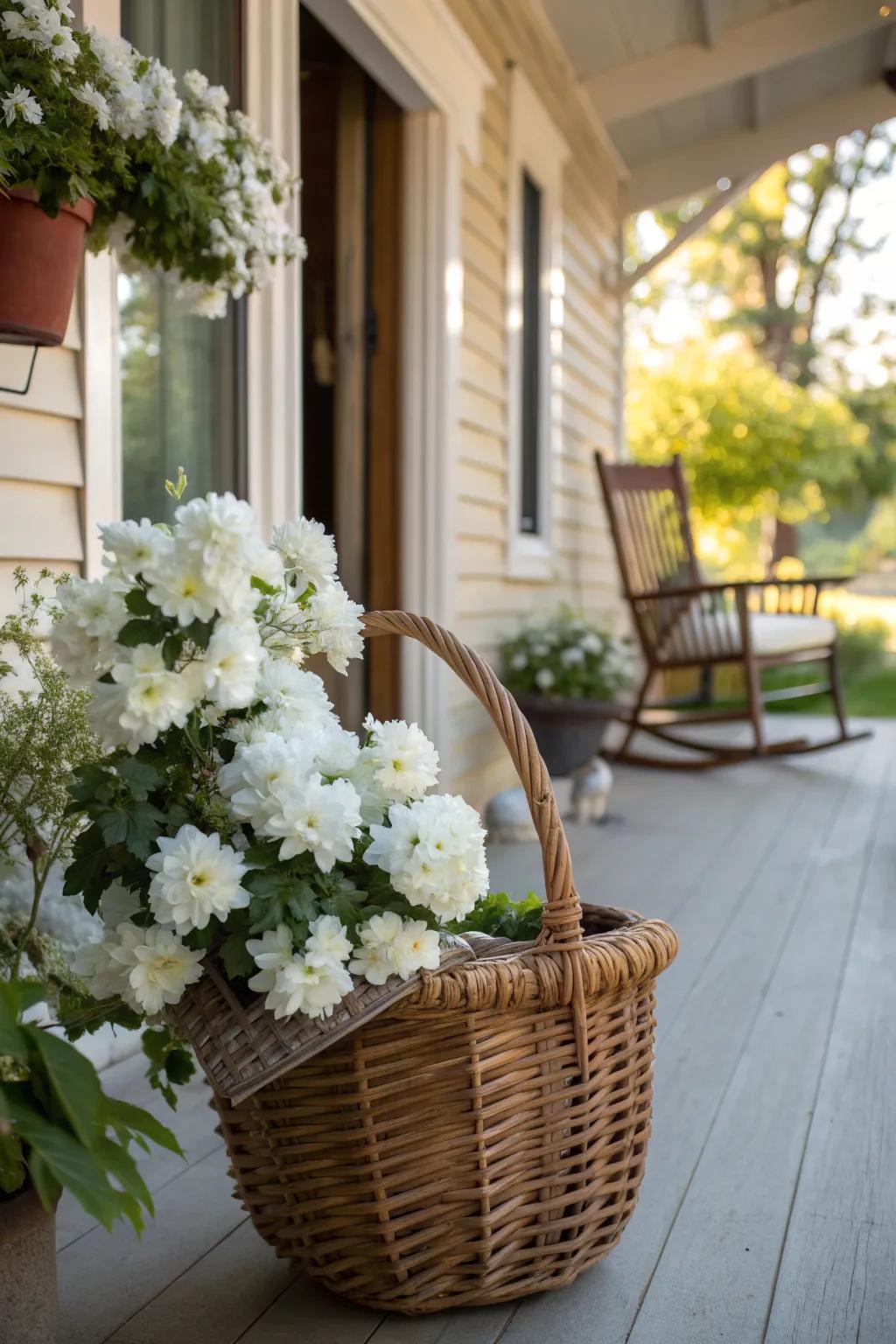 Whimsical beauty: A hanging basket of white flowers adds charm to any outdoor space.