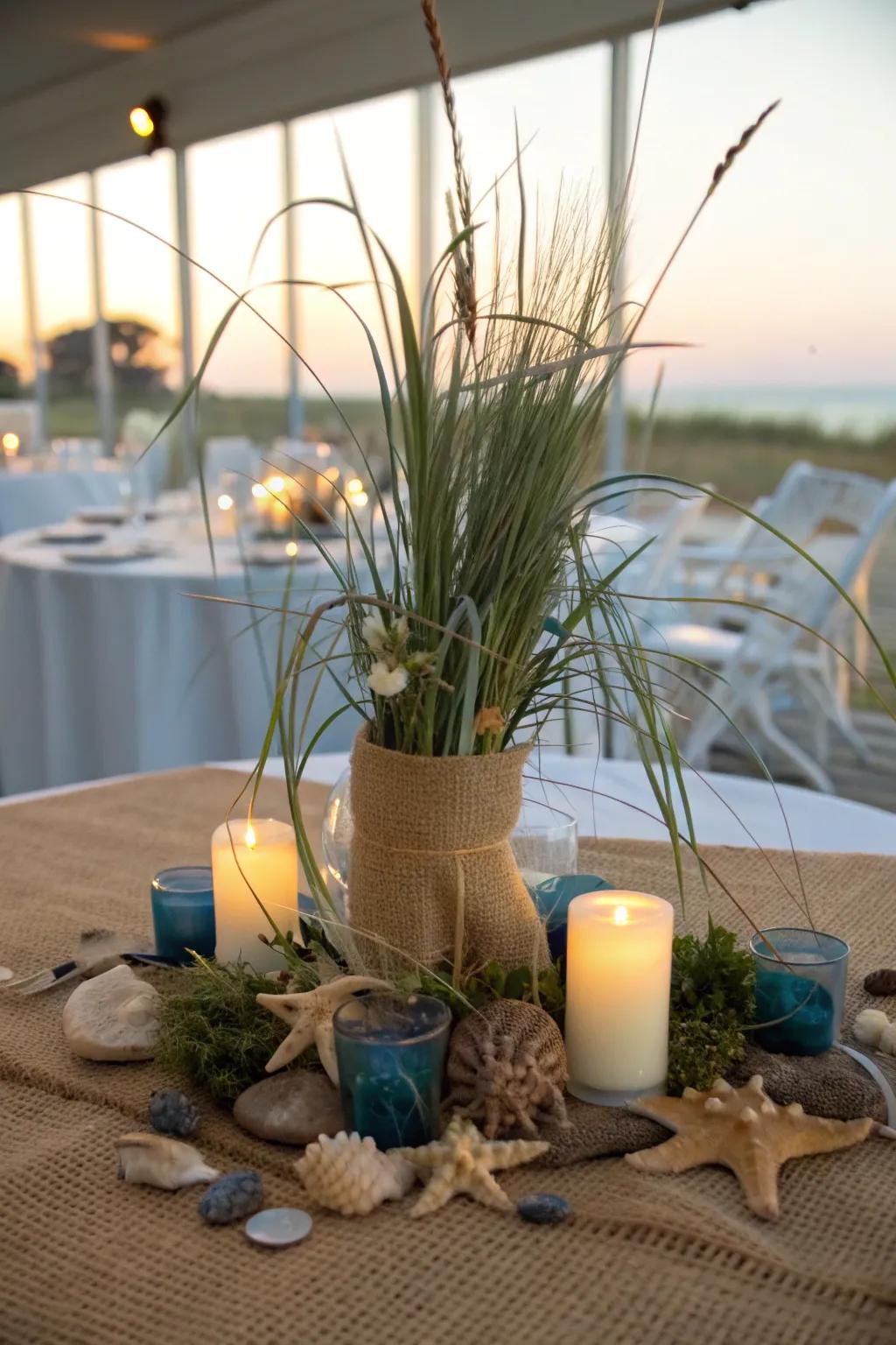 Burlap and sea grass bring rustic charm and natural beauty to your coastal centerpiece.