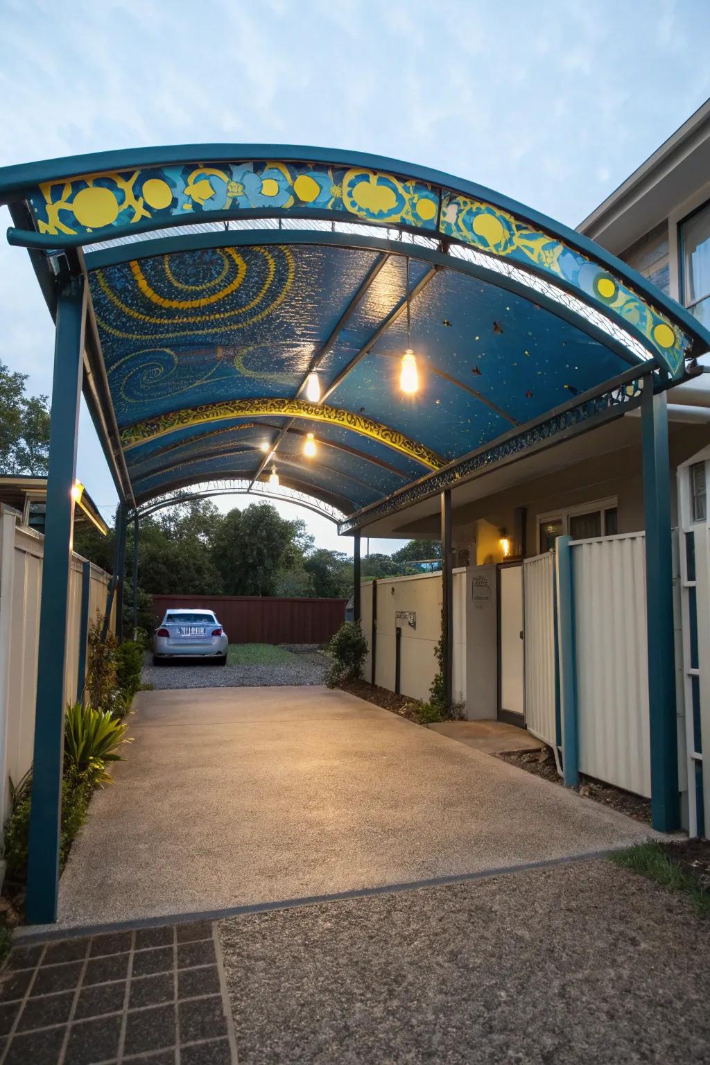 Turn your driveway into an art piece with a custom painted canopy, full of color and creativity.
