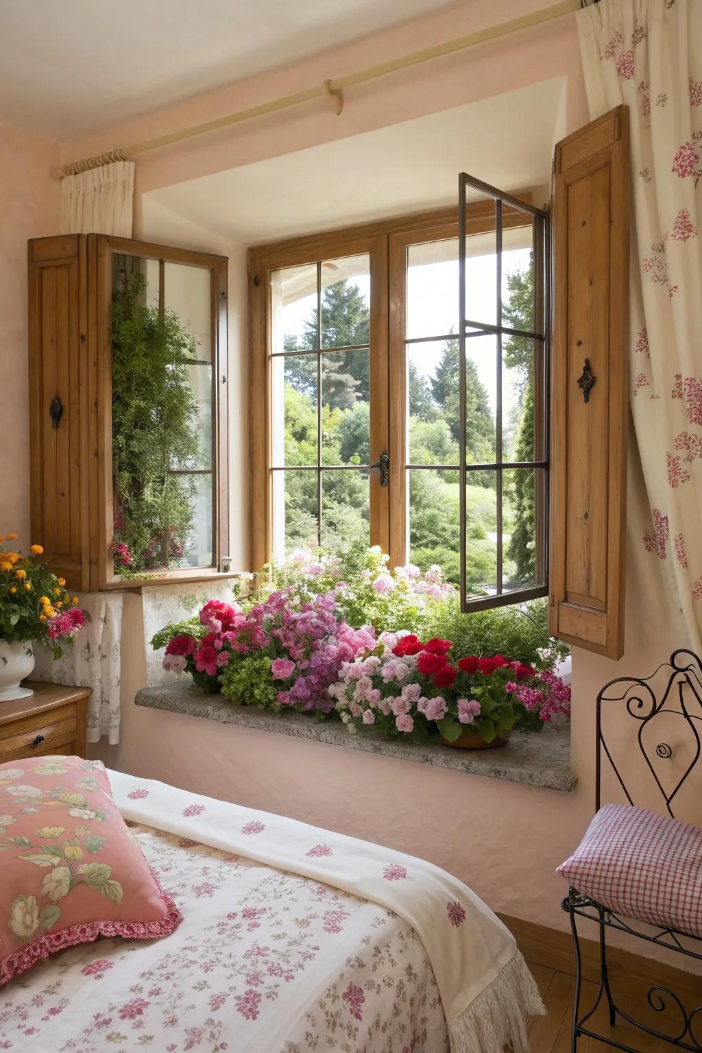 Floral window boxes create a lush view from your bedroom window.