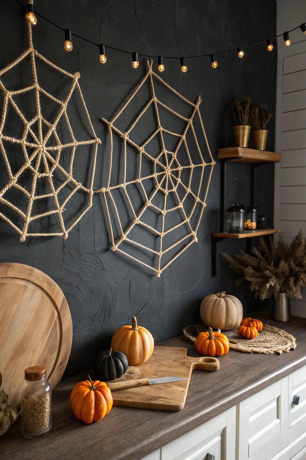 DIY spiderwebs add a subtle, crafty Halloween touch to your kitchen.