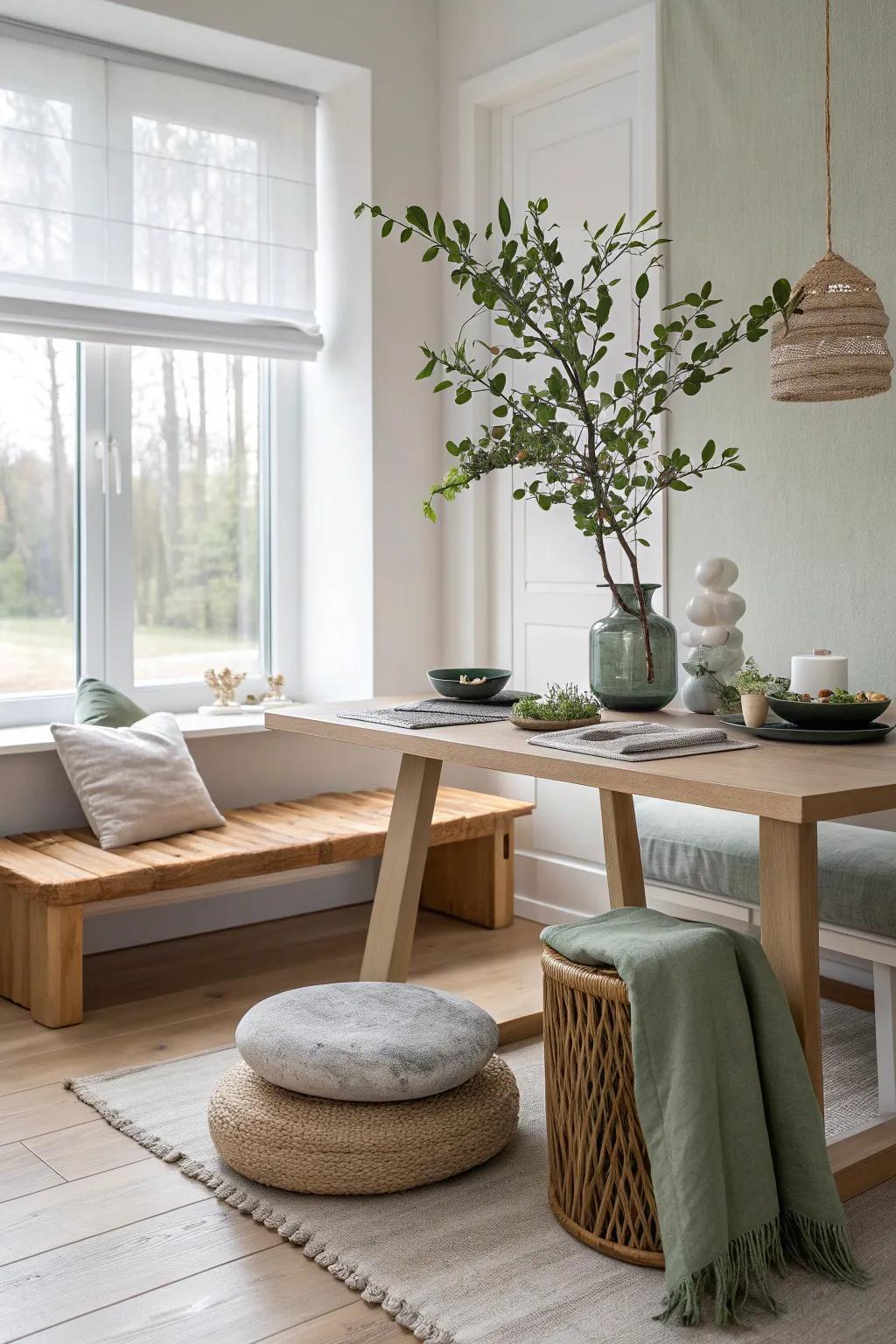 A Zen corner infuses your dining space with serenity and mindfulness. 🧘‍♀️ #ZenDesign #CalmSpaces #MinimalistLiving