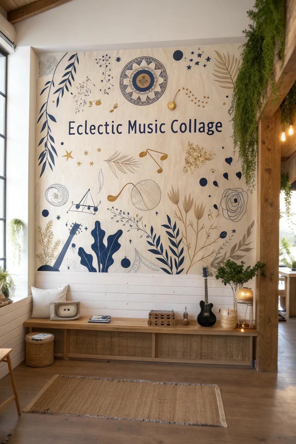 Immerse yourself in a symphony of styles with an eclectic music collage mural that celebrates diversity in sound.