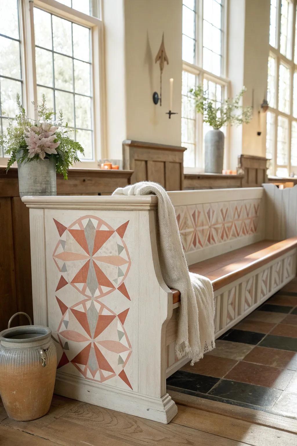 Add modern flair with stenciled geometric designs on pews.