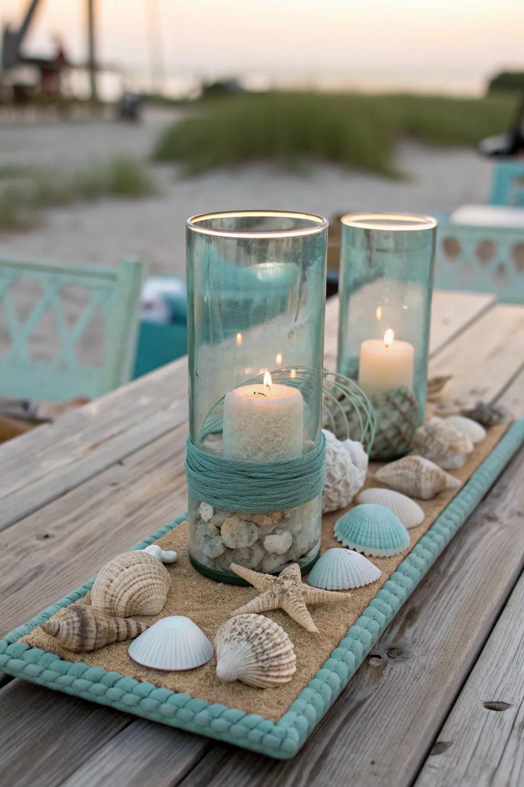 Stand out with a glass buoy and shell ensemble, a nautical-themed centerpiece for any beach lover.