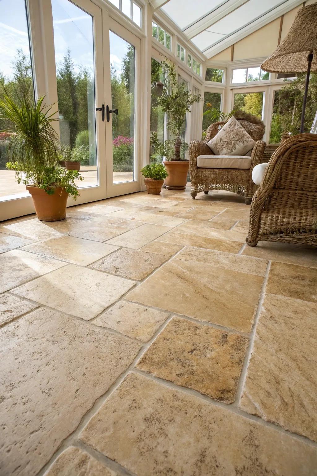 Travertine tiles provide timeless beauty and classic elegance for an inviting sunroom.