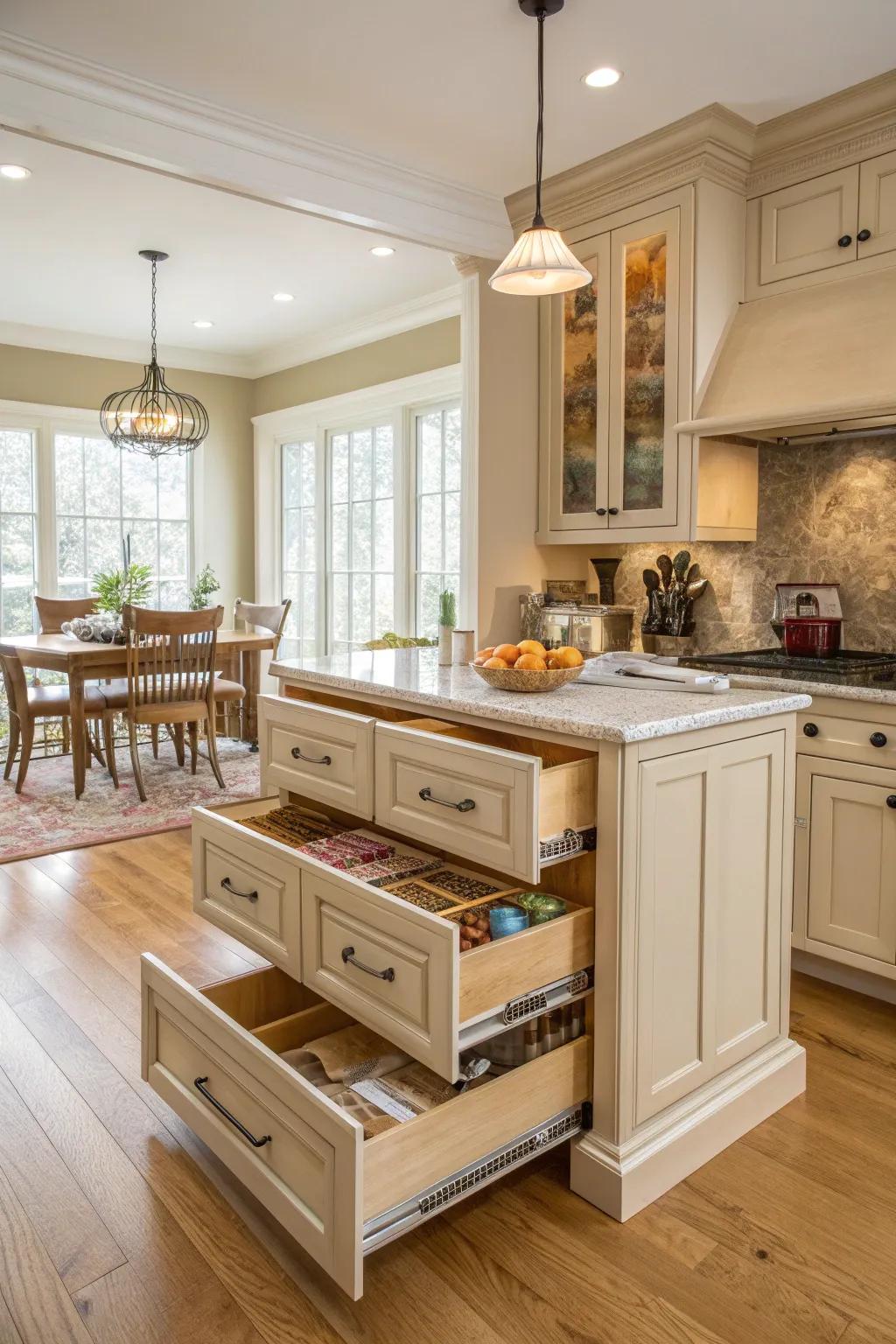 Smart storage transforms your kitchen island into a powerhouse of efficiency.