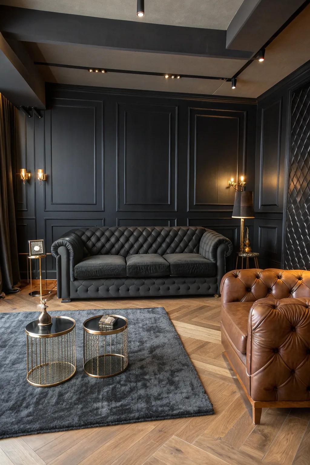 A plush black velvet sofa adds depth and sophistication to this modern living space.