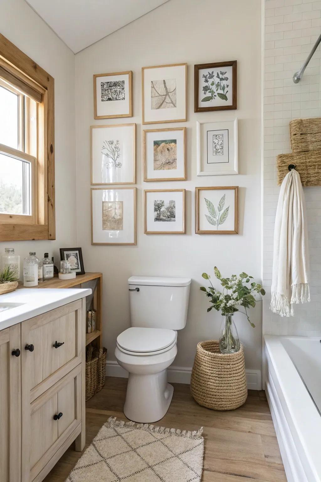 An eclectic gallery wall adds personality and depth to your bathroom decor.
