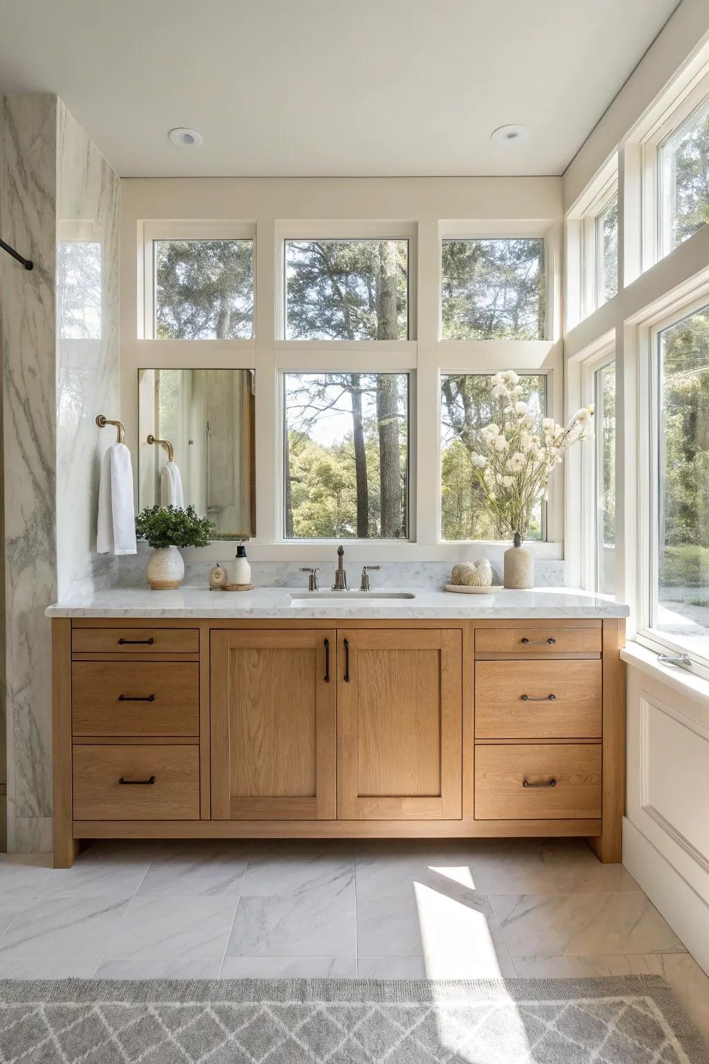 Marble countertops paired with oak cabinets create a luxurious yet inviting bathroom space.