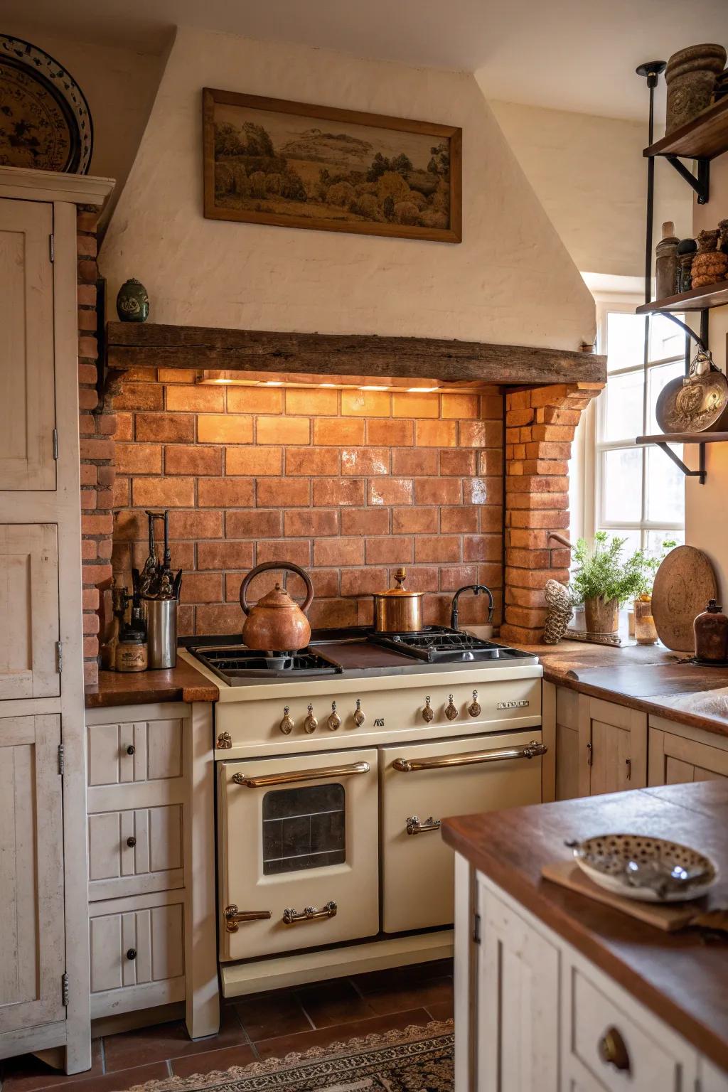 Embrace the rustic charm of brick textures for a warm, inviting kitchen space.