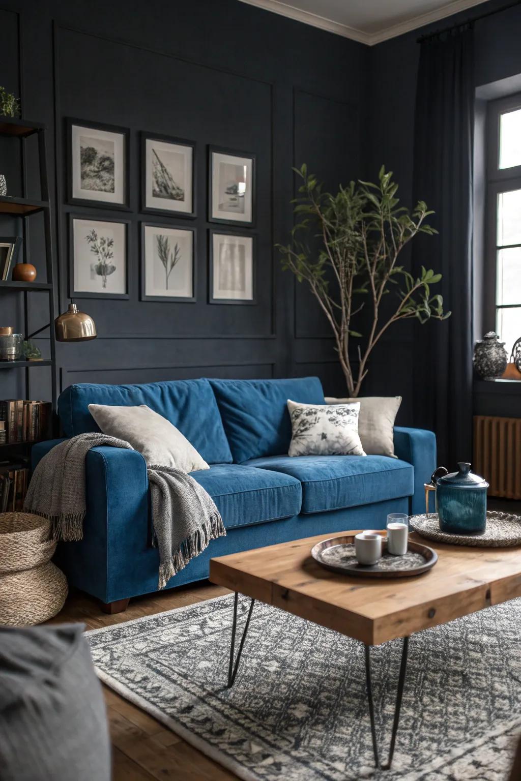 A plush blue sofa is the perfect centerpiece for a cozy, inviting space.