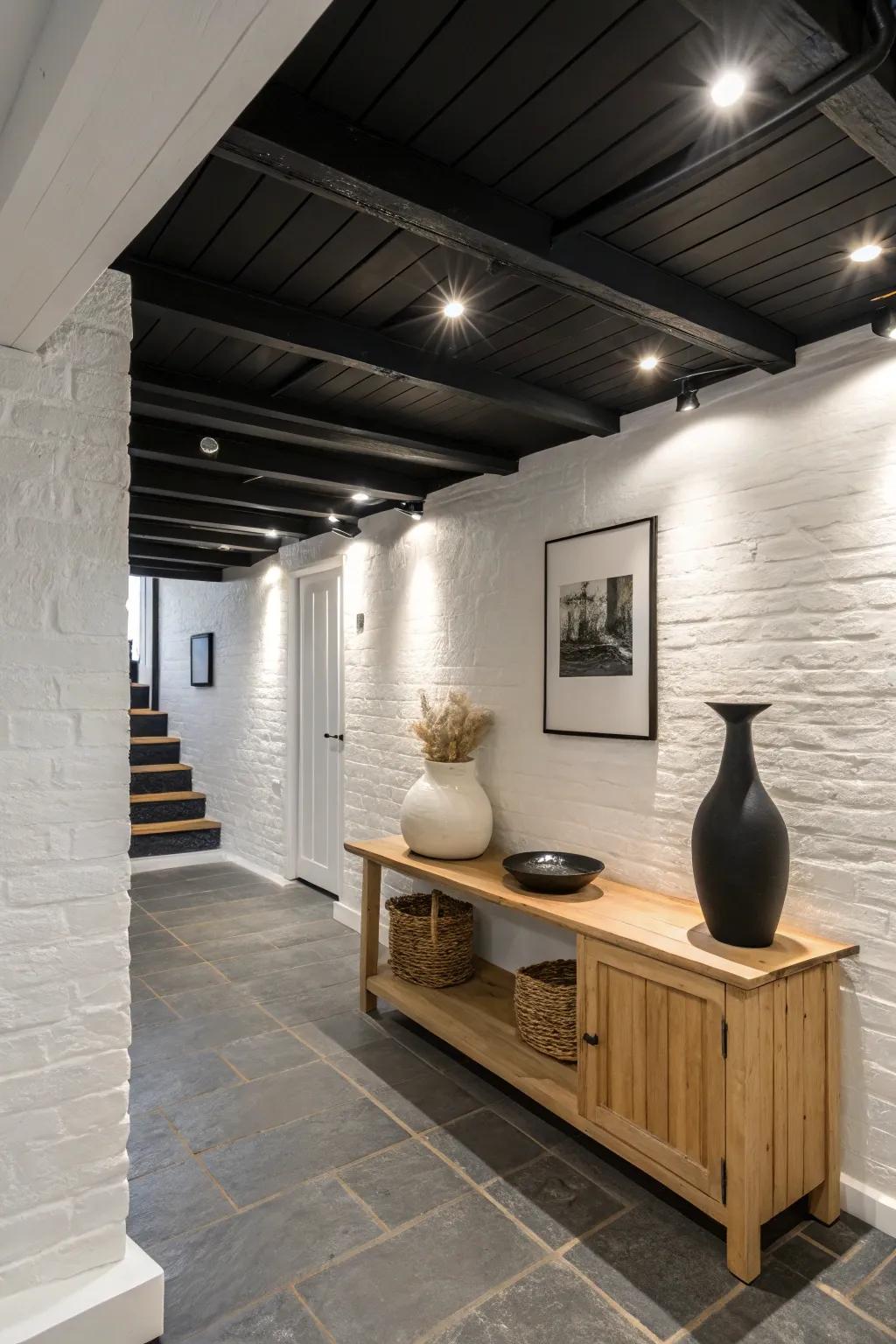 Discover the art of contrast with bold black ceilings against crisp white walls.