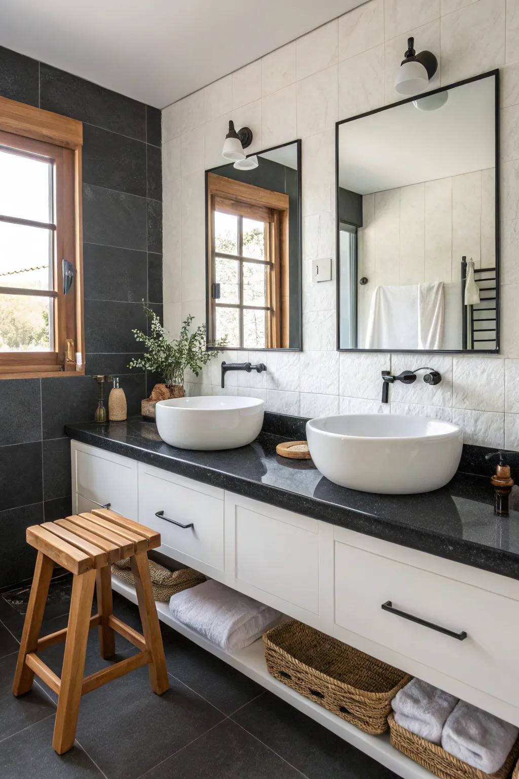 Dramatic contrasts come alive with black countertops against crisp white elements.