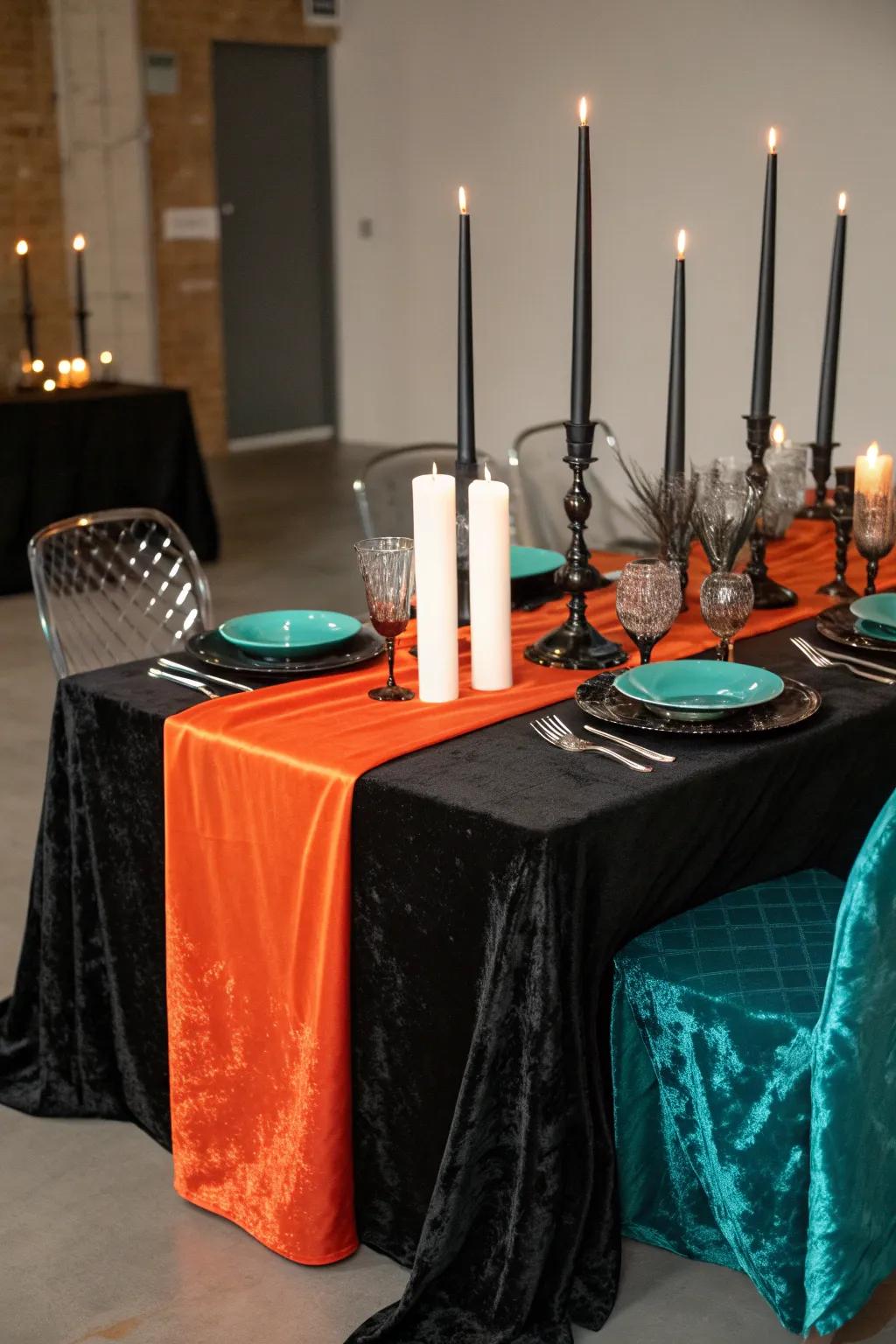 Create a moody atmosphere with an array of candles on a black tablecloth.