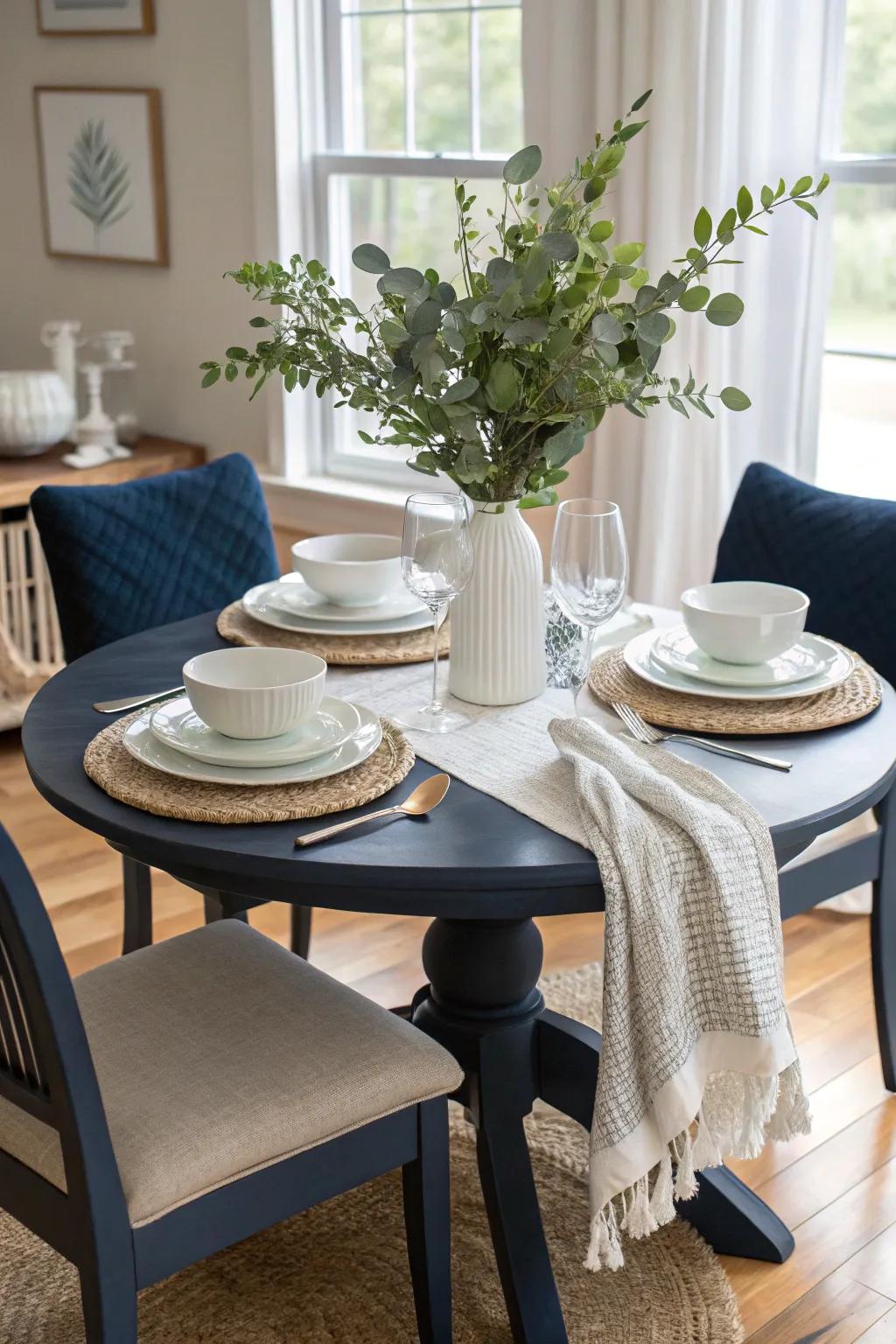 Achieve timeless elegance with a navy and white dining room setup.