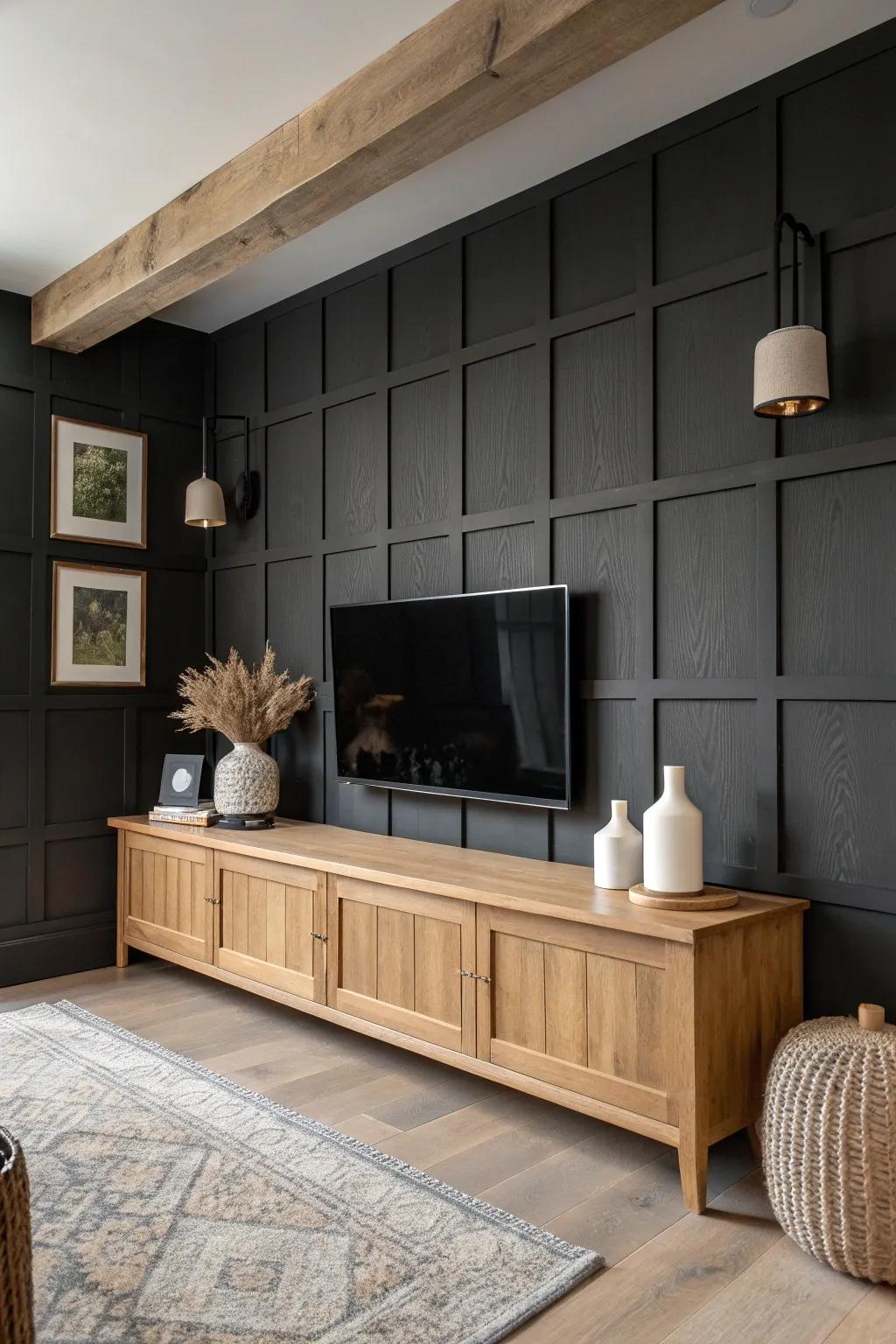 Make a bold statement with a charcoal board and batten wall that exudes modern elegance.