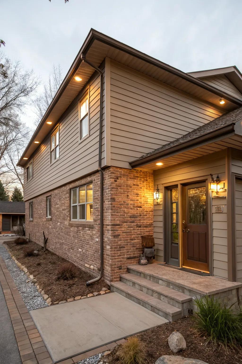 Embrace warmth and nature with earthy brick and taupe siding.